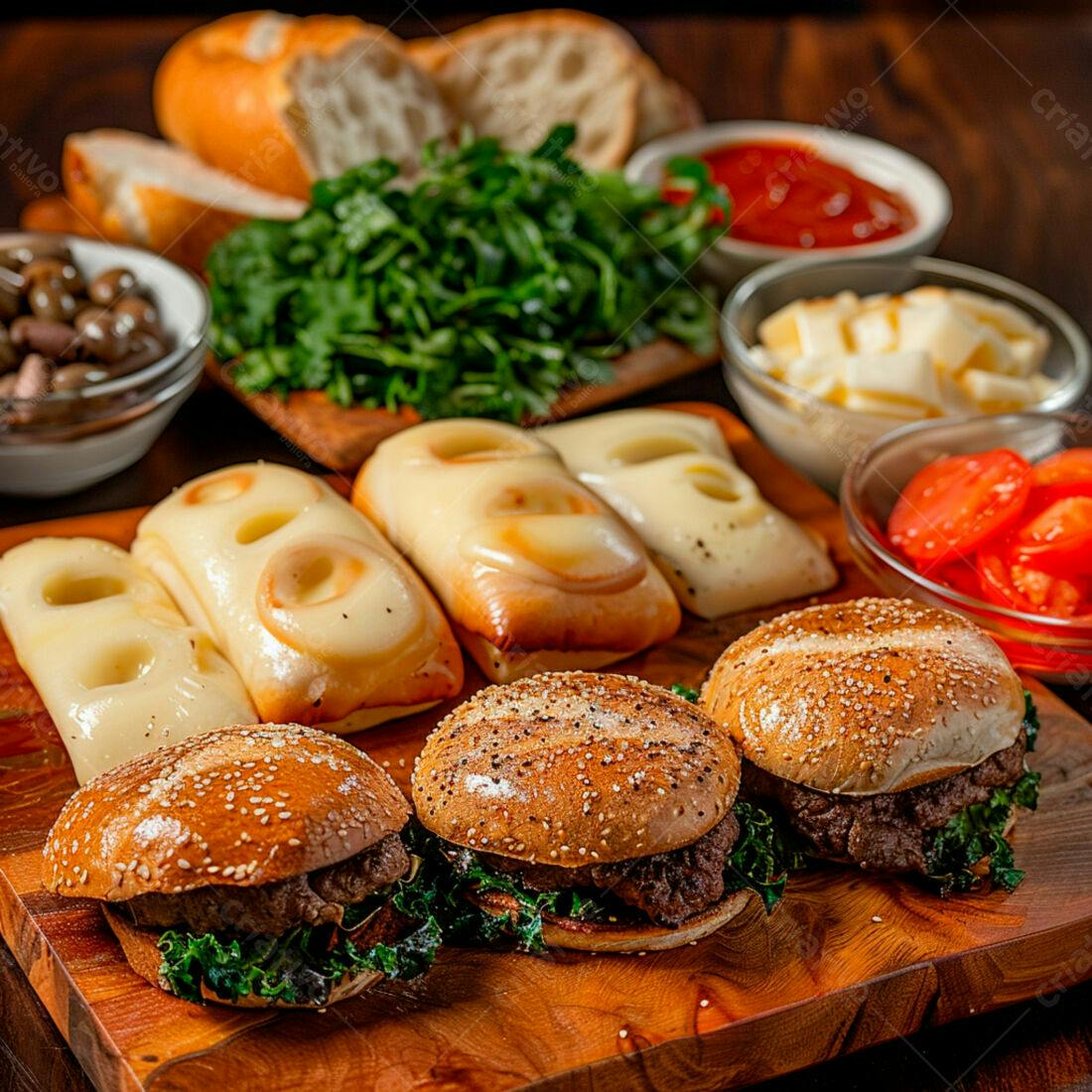Mini hambúrgueres gourmet com queijos e acompanhamentos