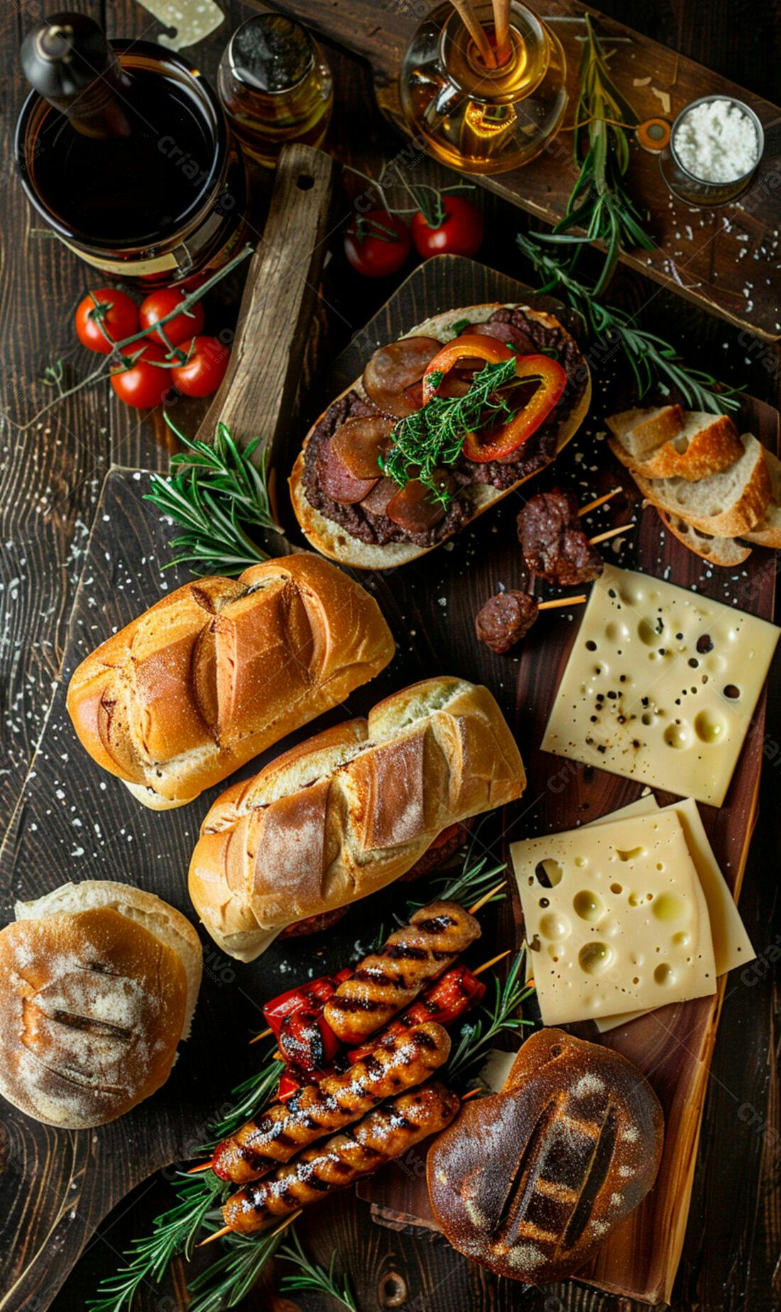 Mesa de petiscos com salsichas, queijos e pães