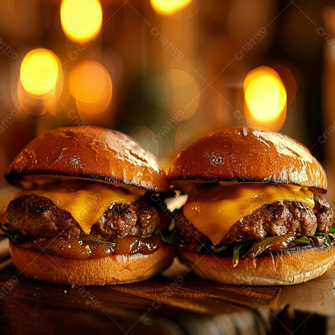 Deliciosos Cheeseburgers em Mesa de Madeira