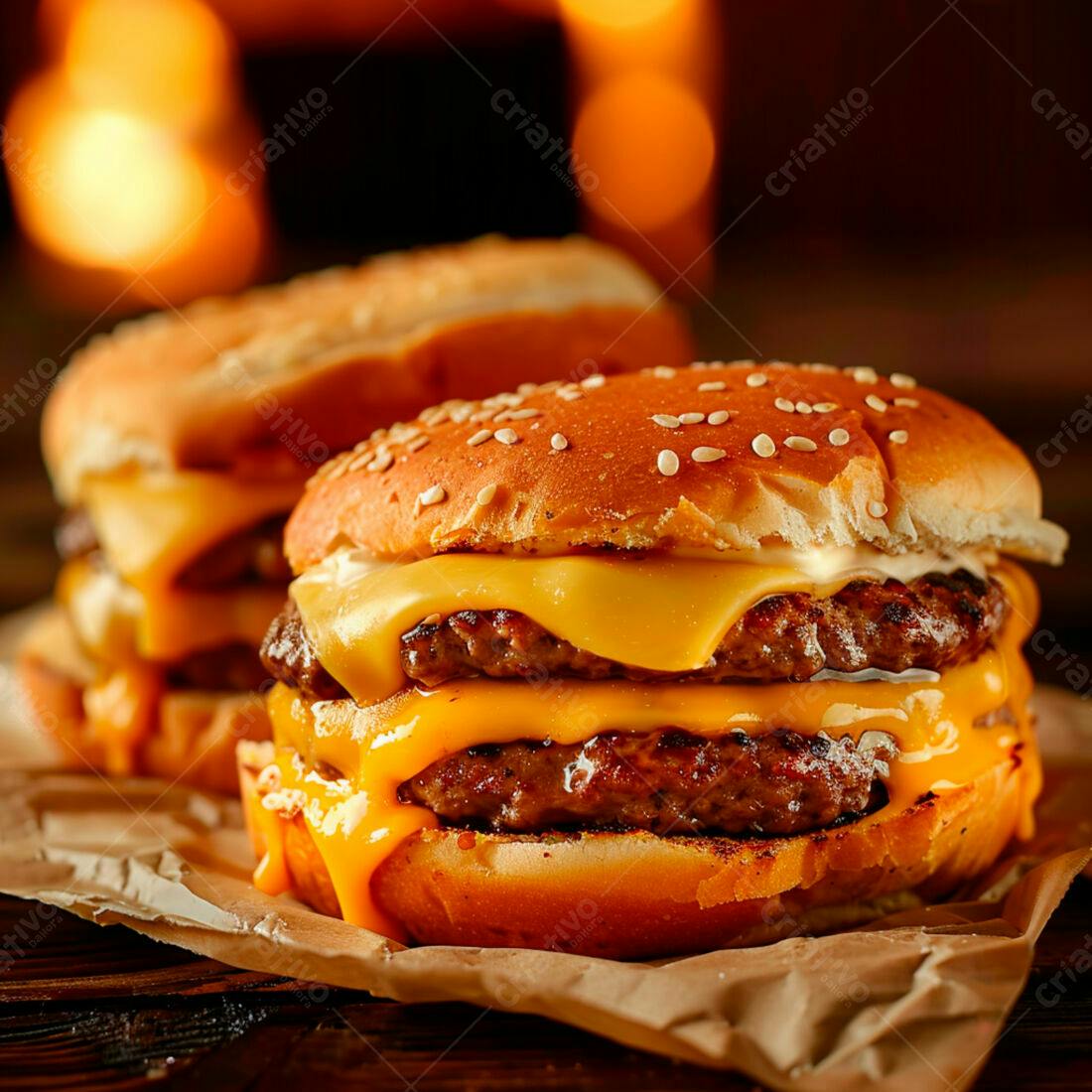 Duplo Cheeseburger suculento com gergelim