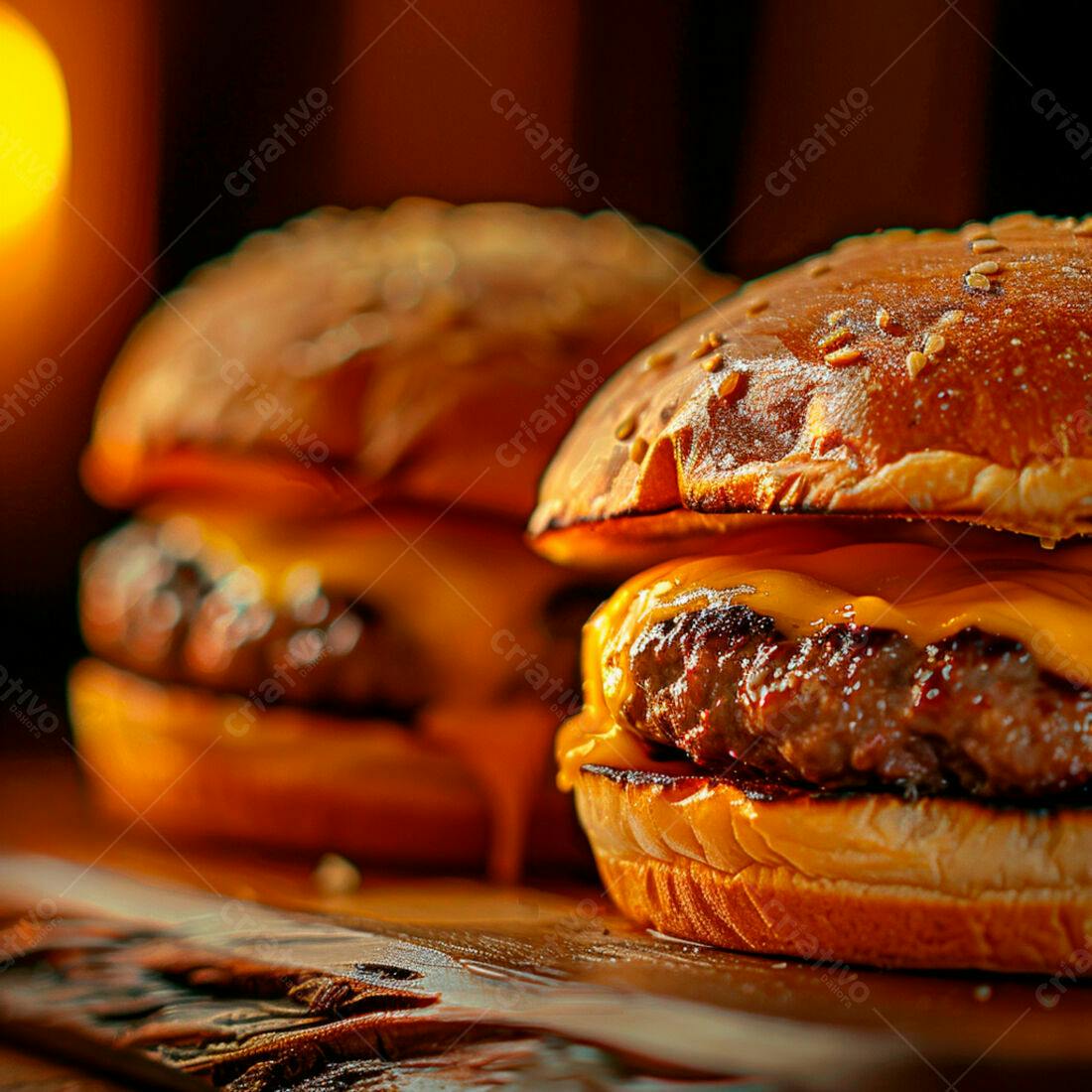 Cheeseburgers suculentos em madeira escura