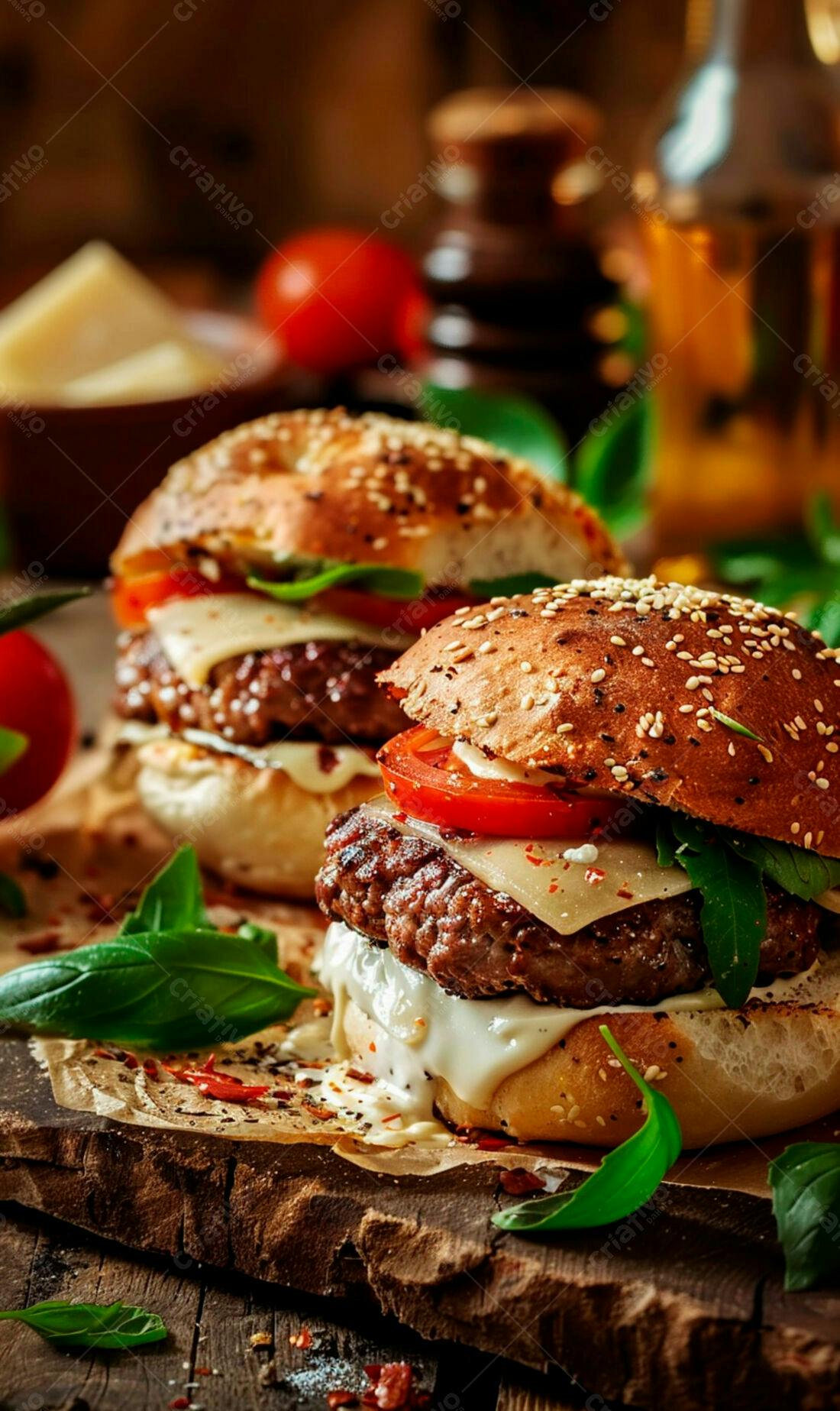Deliciosos Cheeseburgers artesanais com tomate e manjericão