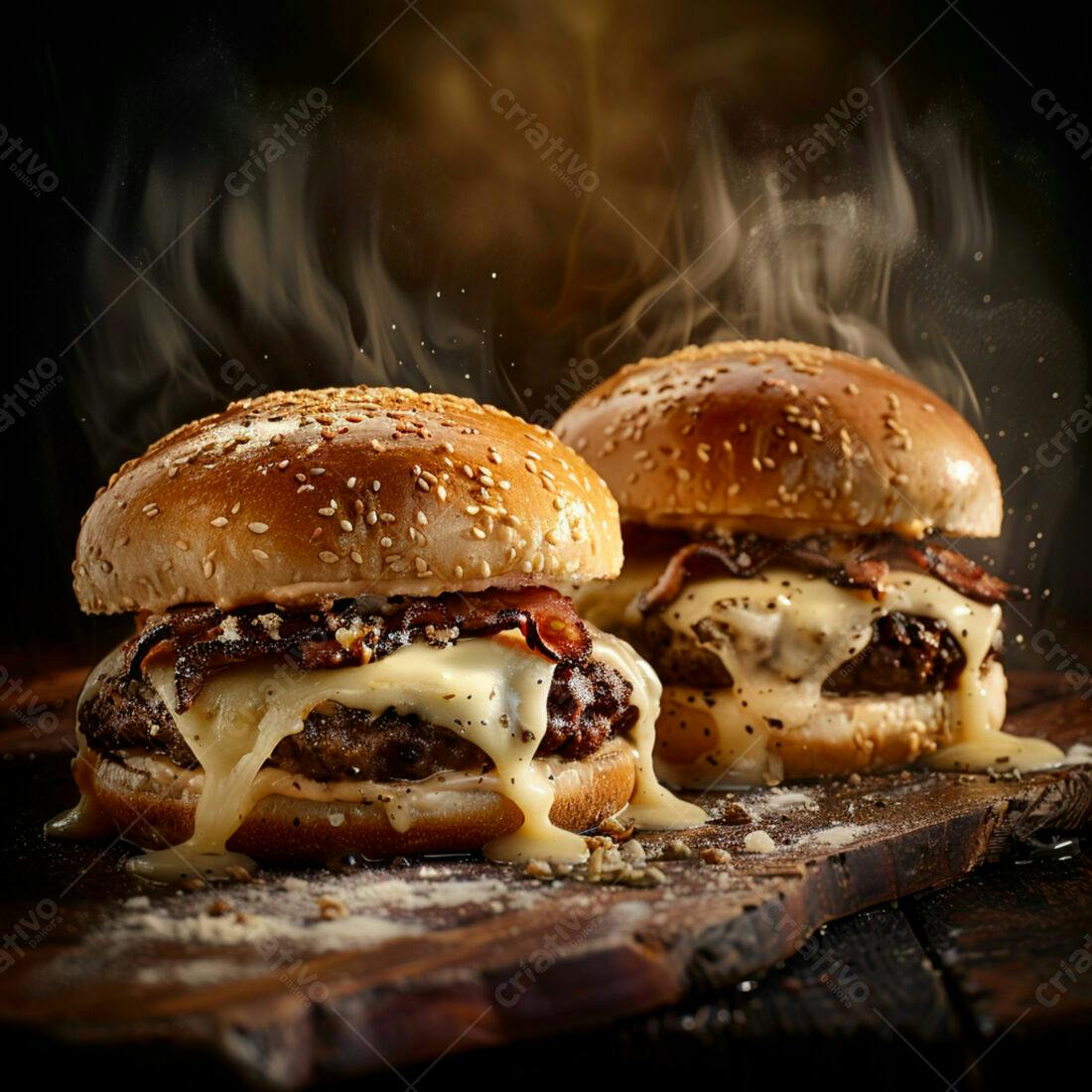 Deliciosos hambúrgueres com bacon e queijo derretido