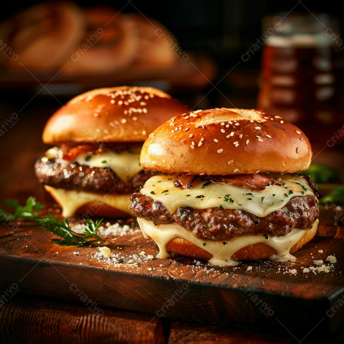 Deliciosos hambúrgueres com queijo e bacon
