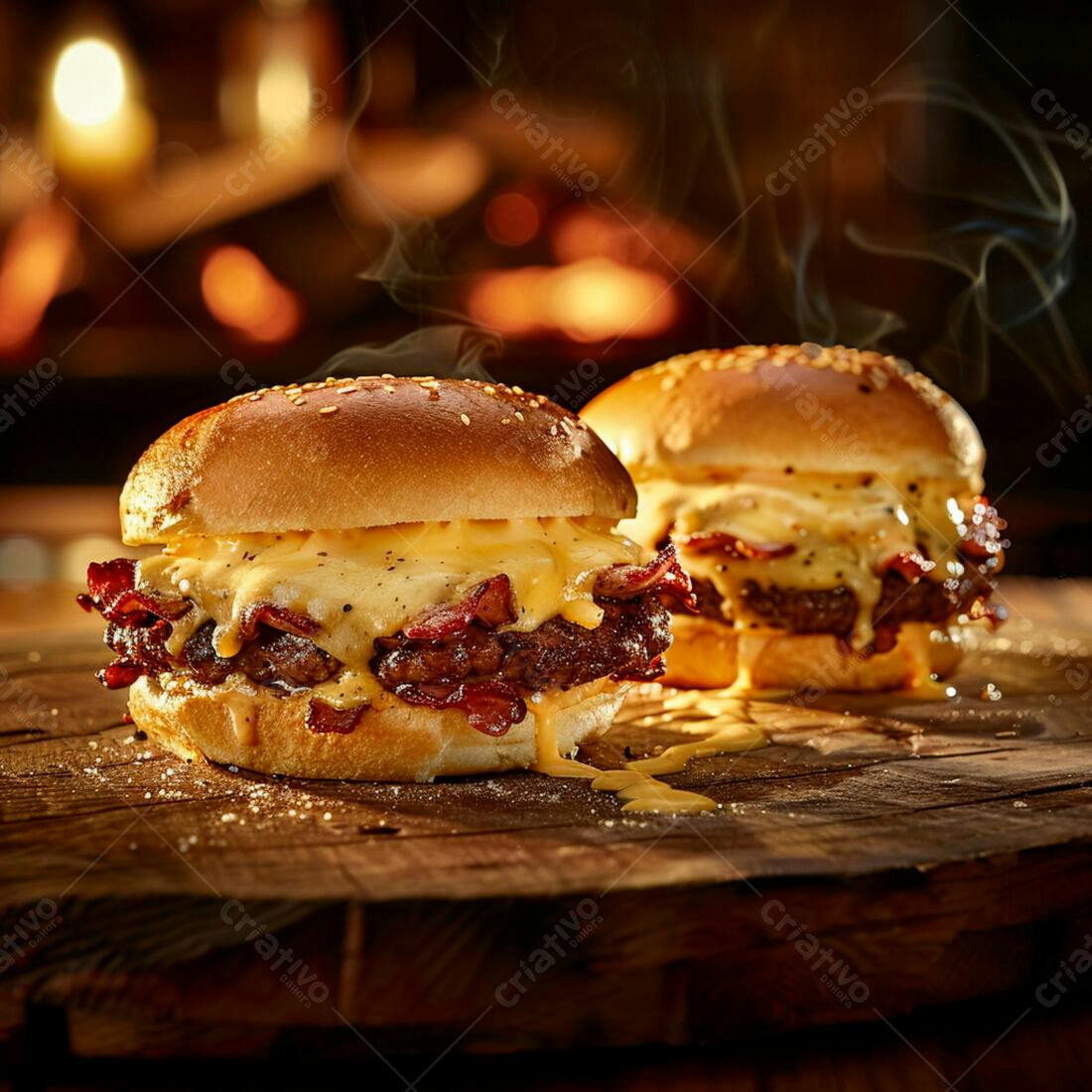 Deliciosos hambúrgueres com bacon e queijo derretido