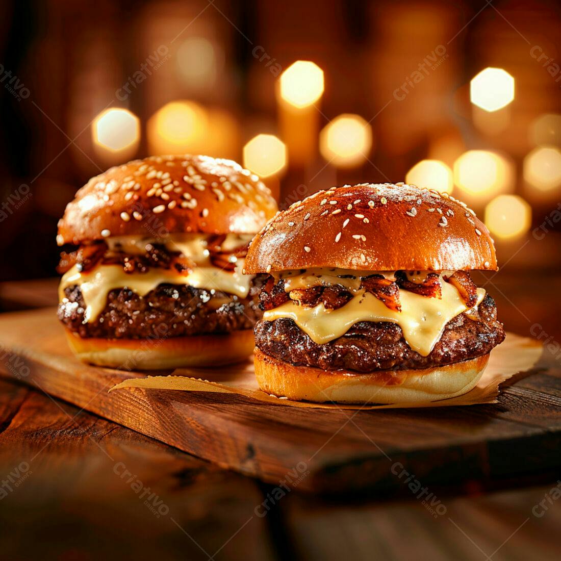 Deliciosos hambúrgueres com queijo e cebola caramelizada