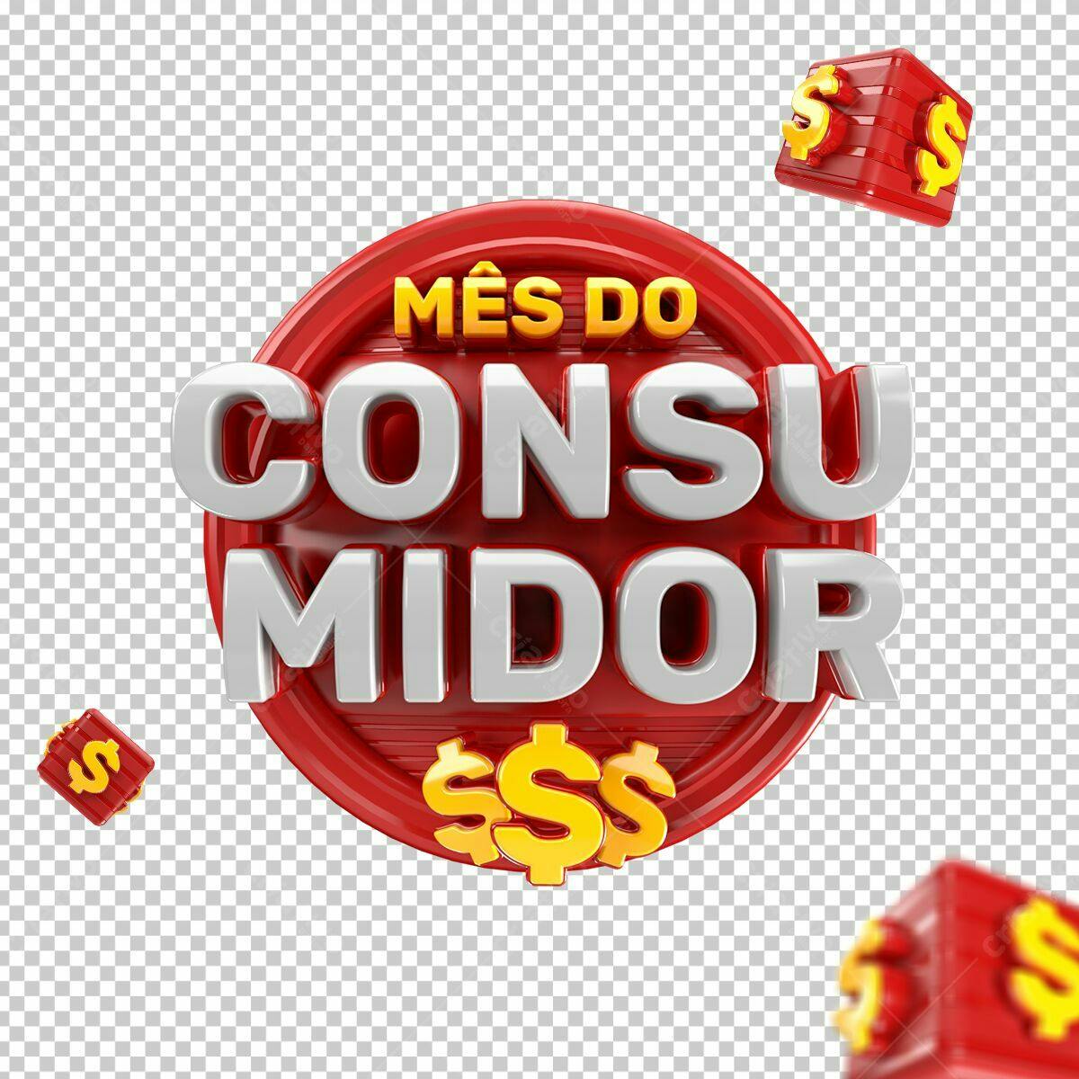 Selo 3D promocional vermelho e branco para mês do consumidor