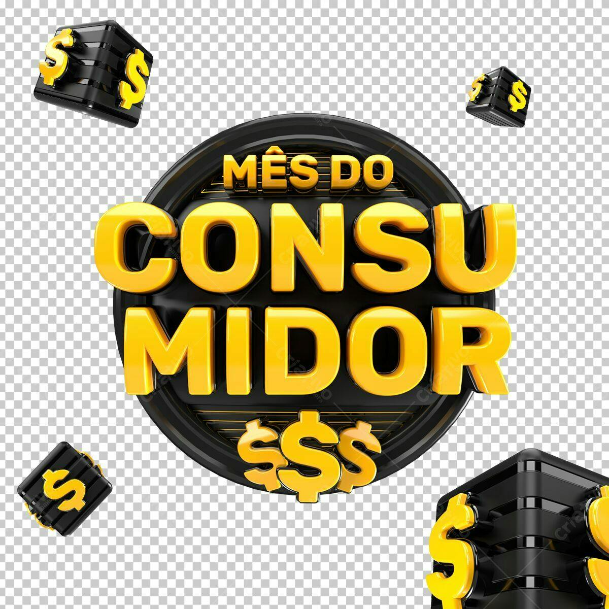 Selo 3D promocional amarelo e preto mês do consumidor
