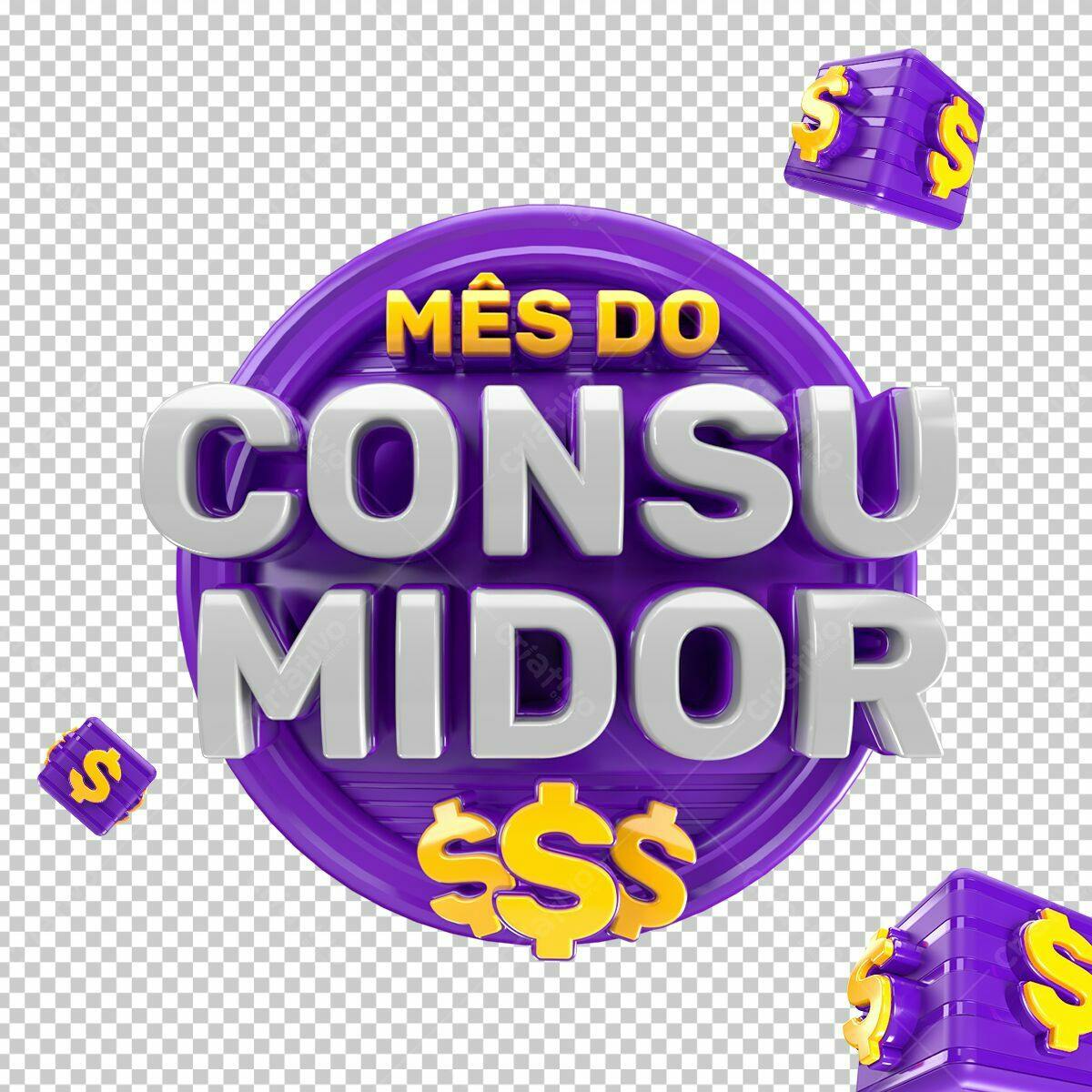 Selo 3D promocional roxo e dourado mês do consumidor