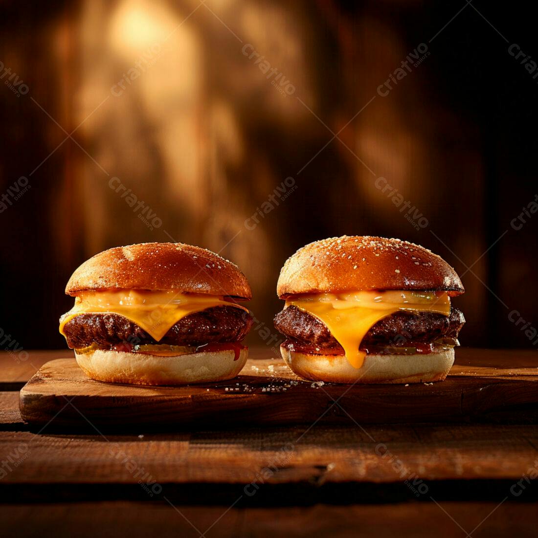 Cheeseburgers suculentos em tábua de madeira