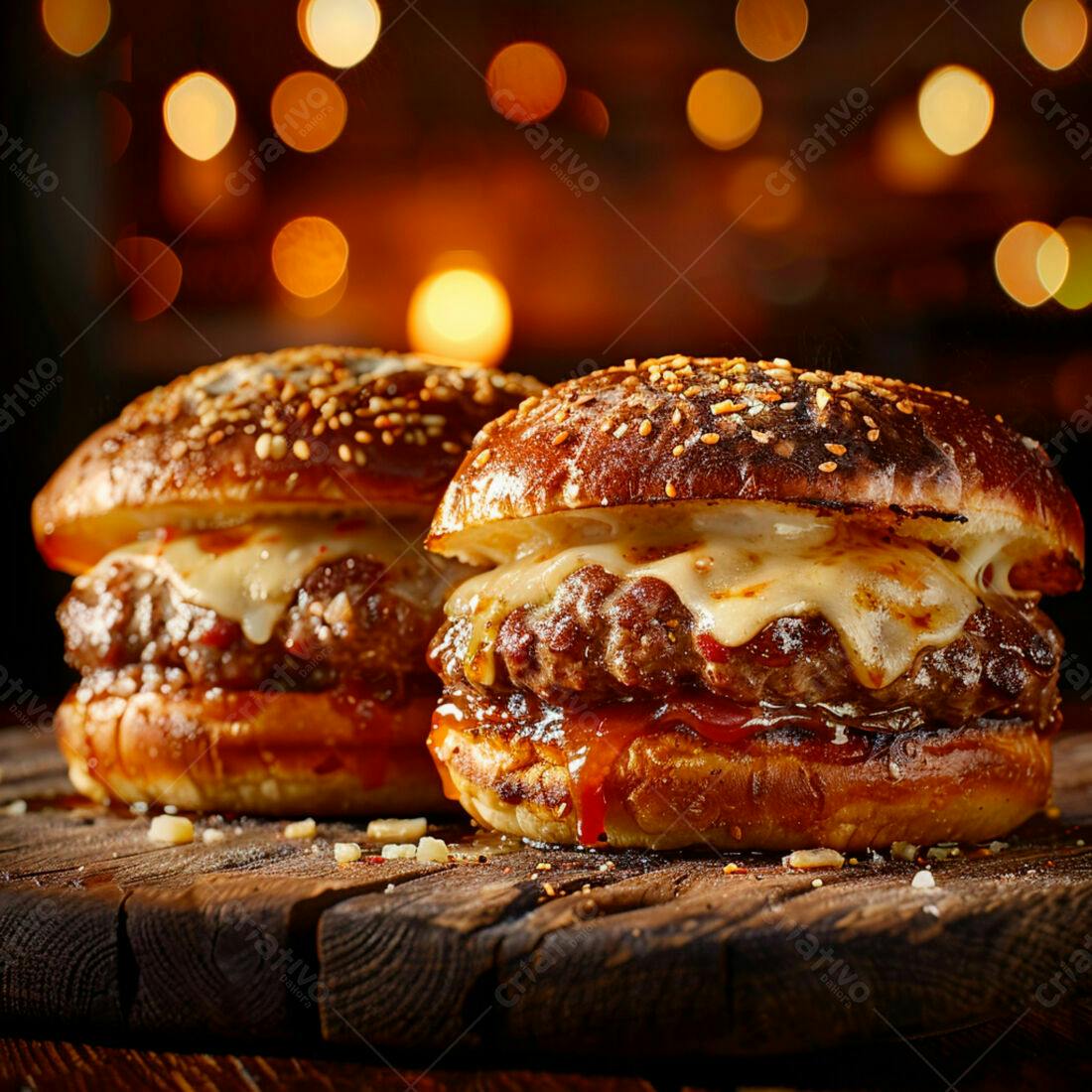 Deliciosos Cheeseburgers em Tabuleiro de Madeira