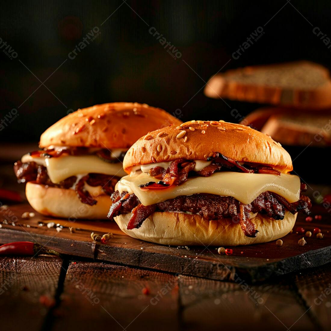 Hambúrgueres com bacon e queijo derretido