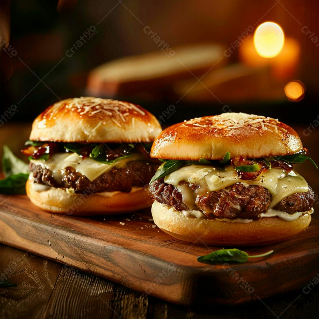 Burgers artesanais com queijo e cebola caramelizada
