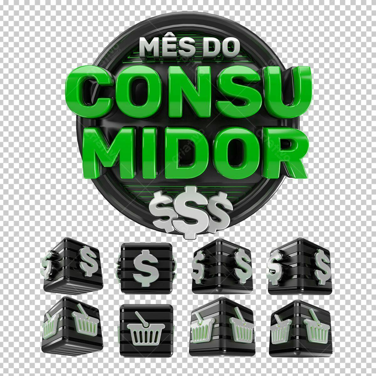 Selo 3D promocional verde e preto mês do consumidor