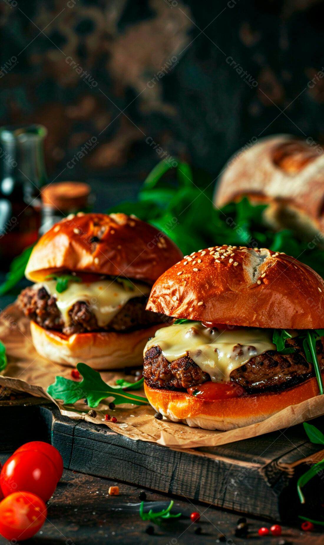Cheeseburgers suculentos com rúcula