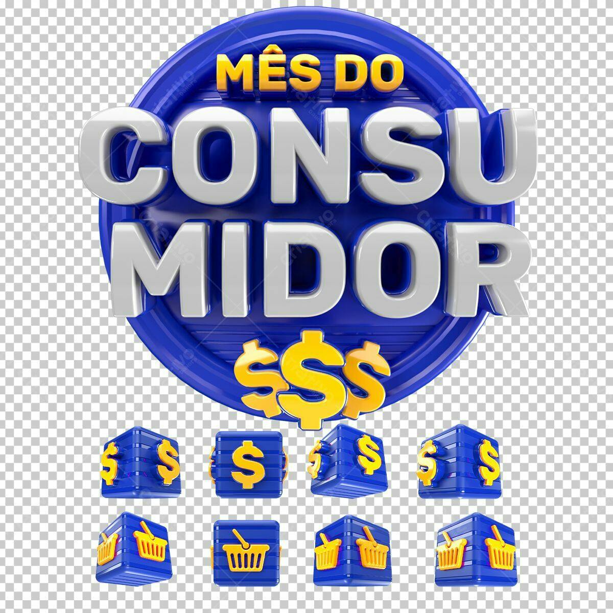 Selo 3D promocional azul e dourado mês do consumidor