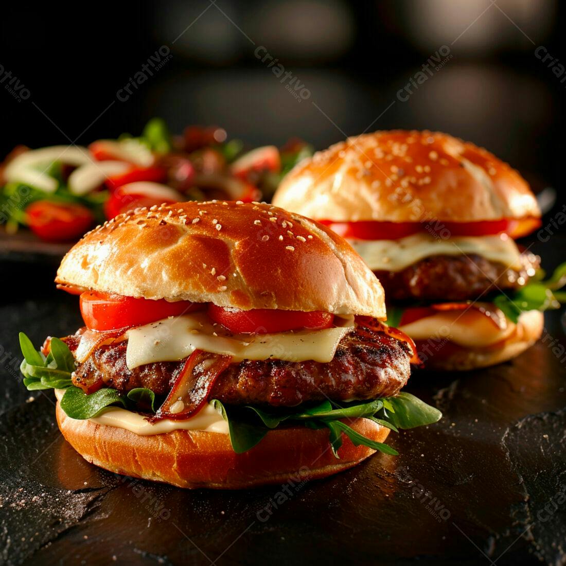 Hambúrgueres suculentos com bacon e queijo