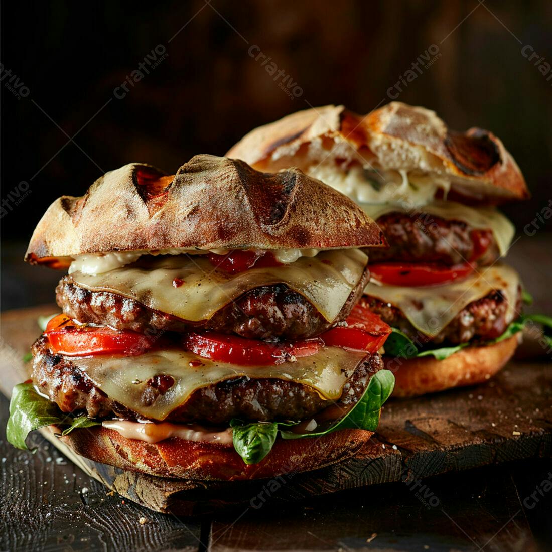 Duplo hambúrguer gourmet com queijo e tomate
