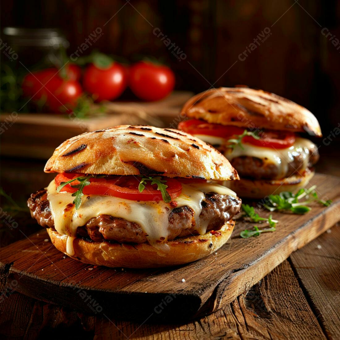 Hambúrgueres gourmet com queijo derretido