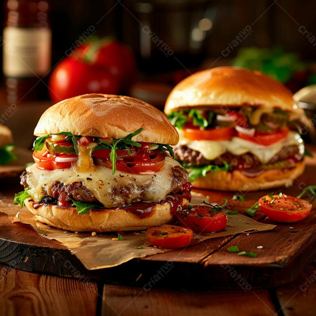Deliciosos hambúrgueres com queijo e tomate
