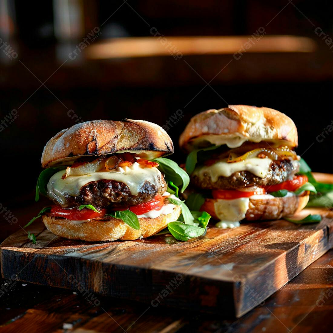 Hambúrgueres gourmet com queijo e bacon