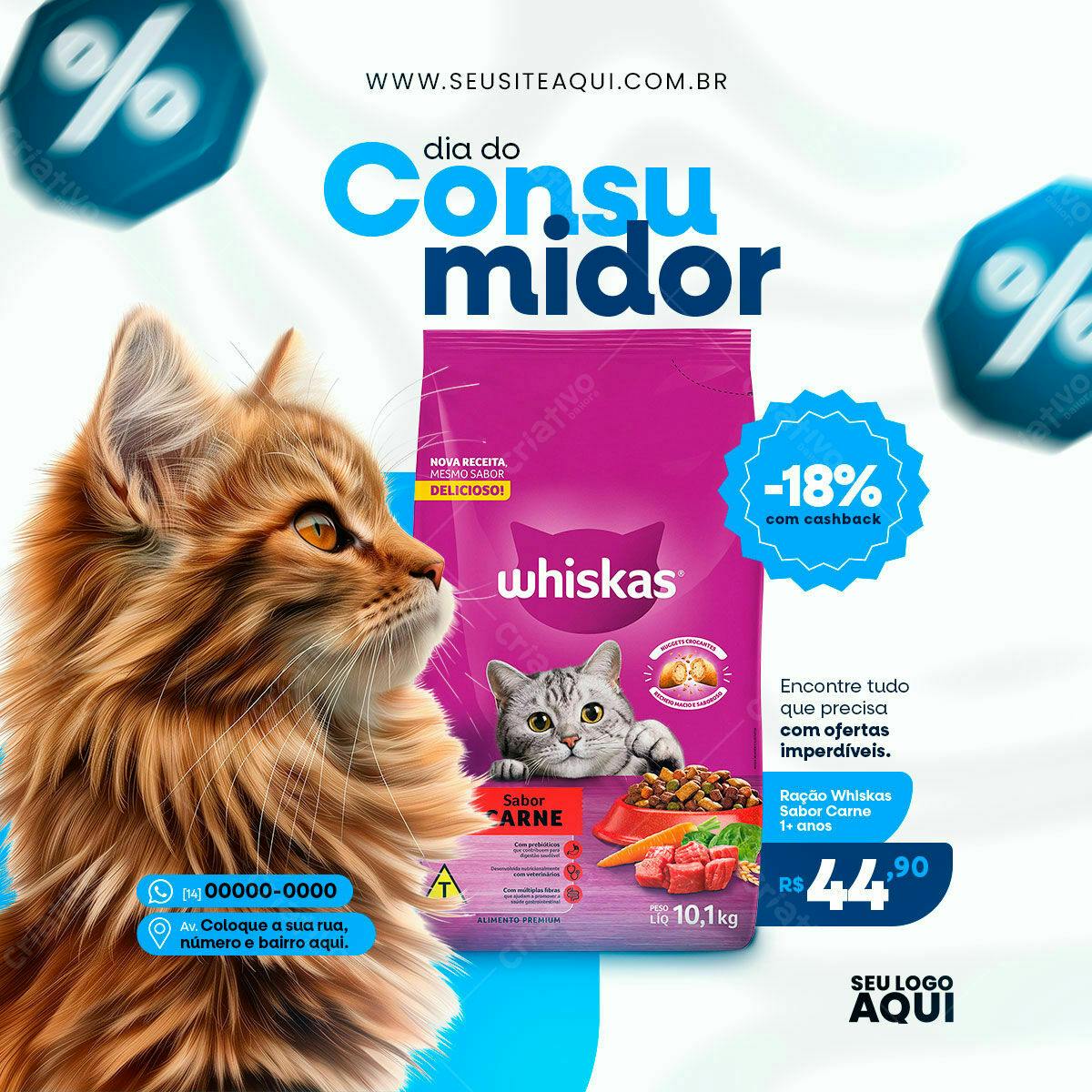 Flyer Dia do Consumidor Ração Whiskas PSD Editável