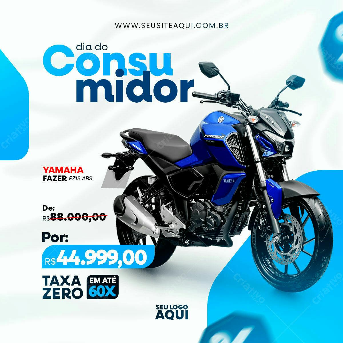 Flyer Dia do Consumidor com Moto Yamaha Fazer Azul PSD Editável