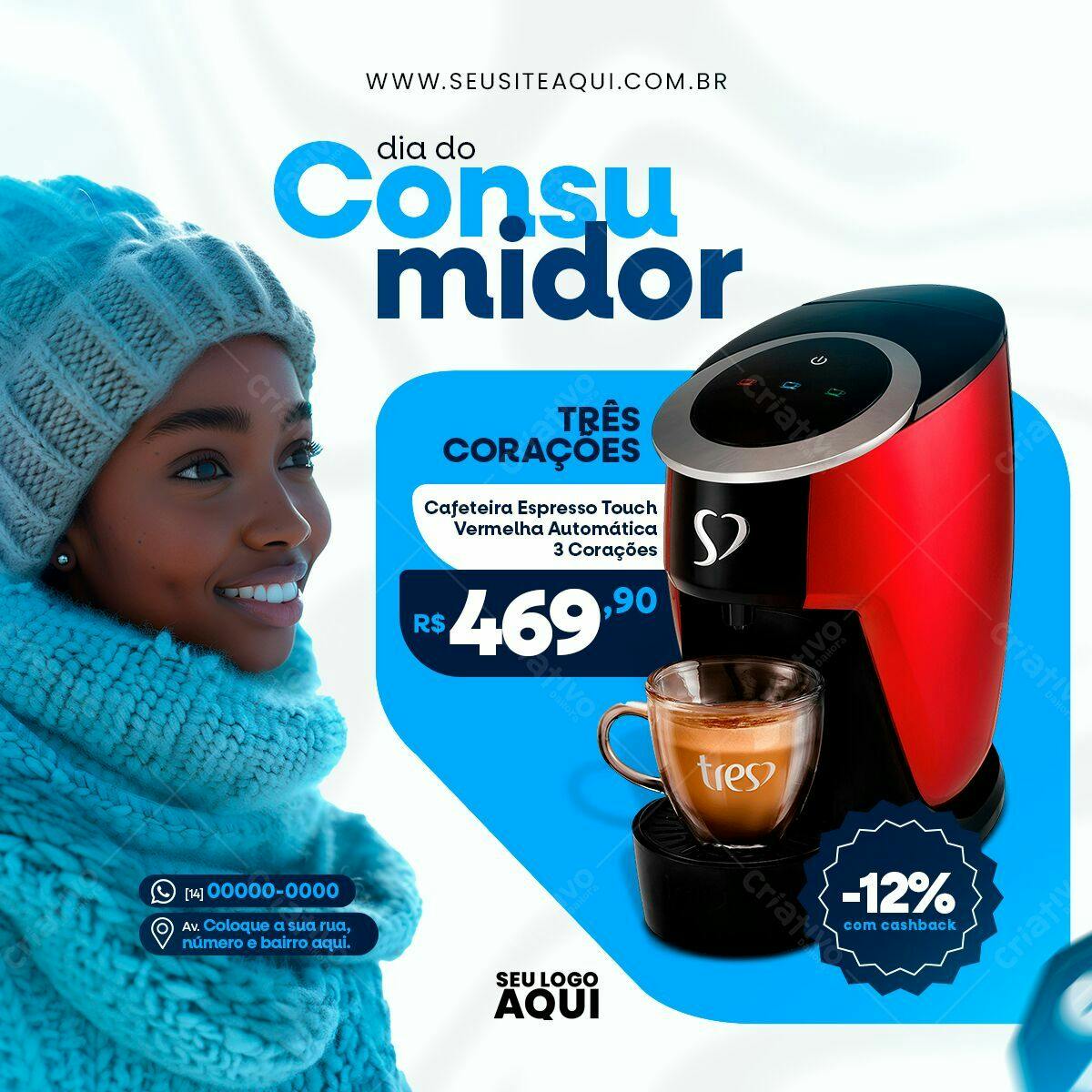 Flyer Dia do Consumidor com Cafeteira Vermelha PSD Editável