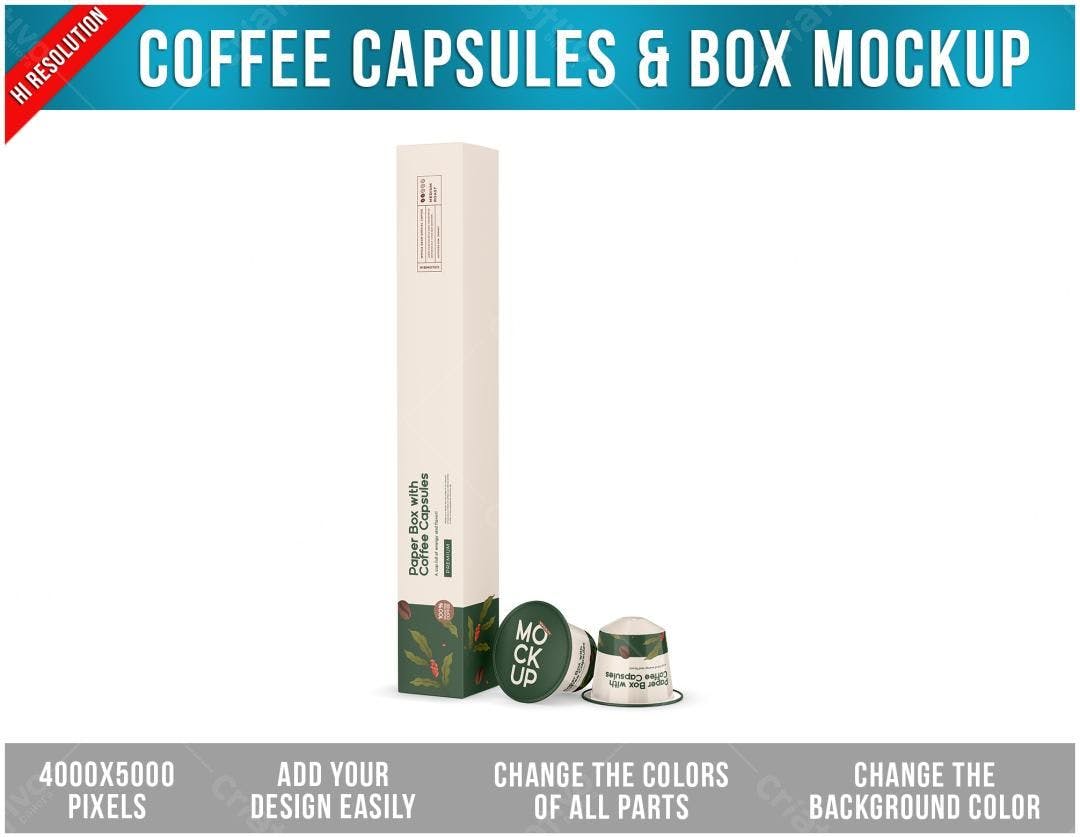 Mockup Embalagem Café Cápsulas e Caixa PSD Editável