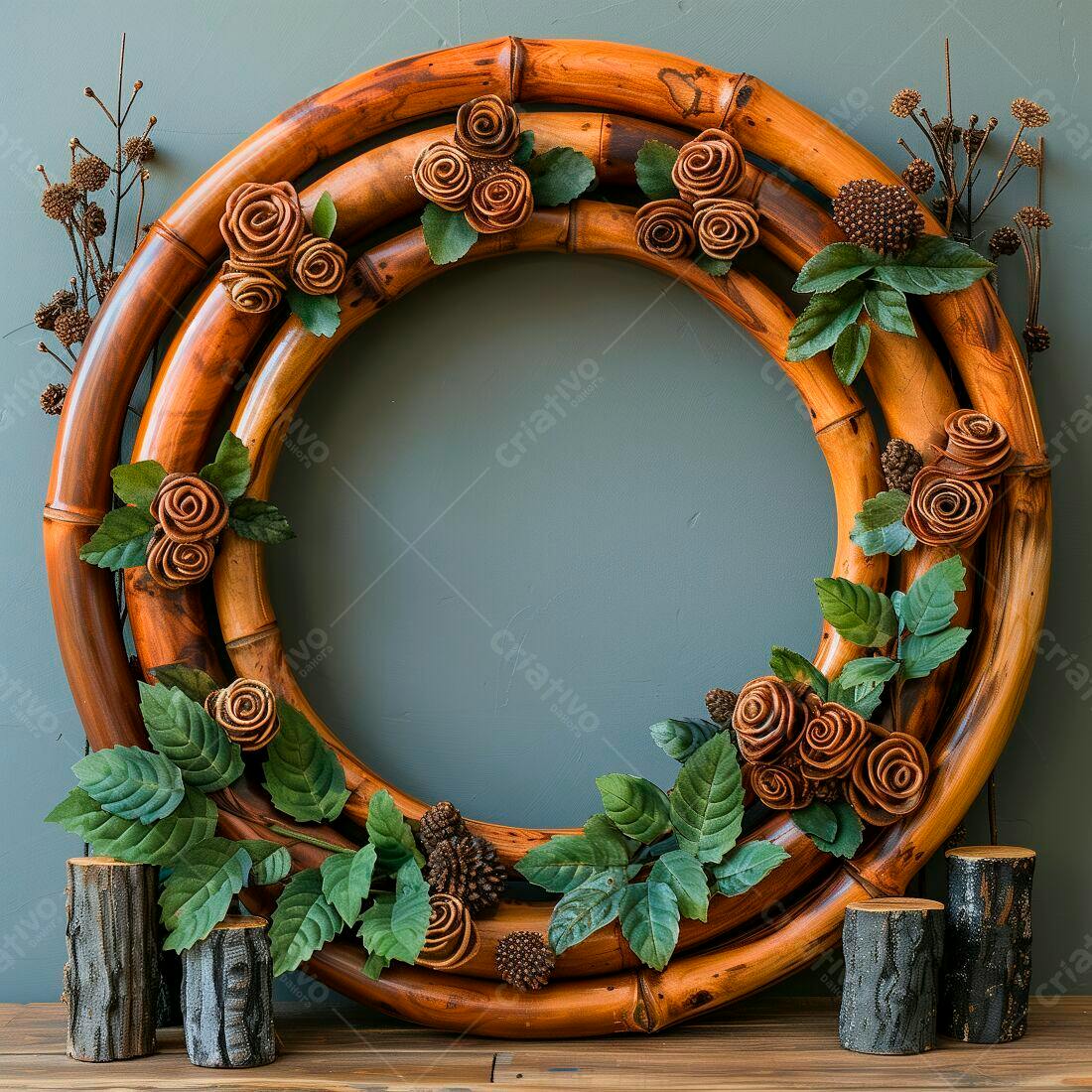 Coroa de bambu com rosas e pinhas