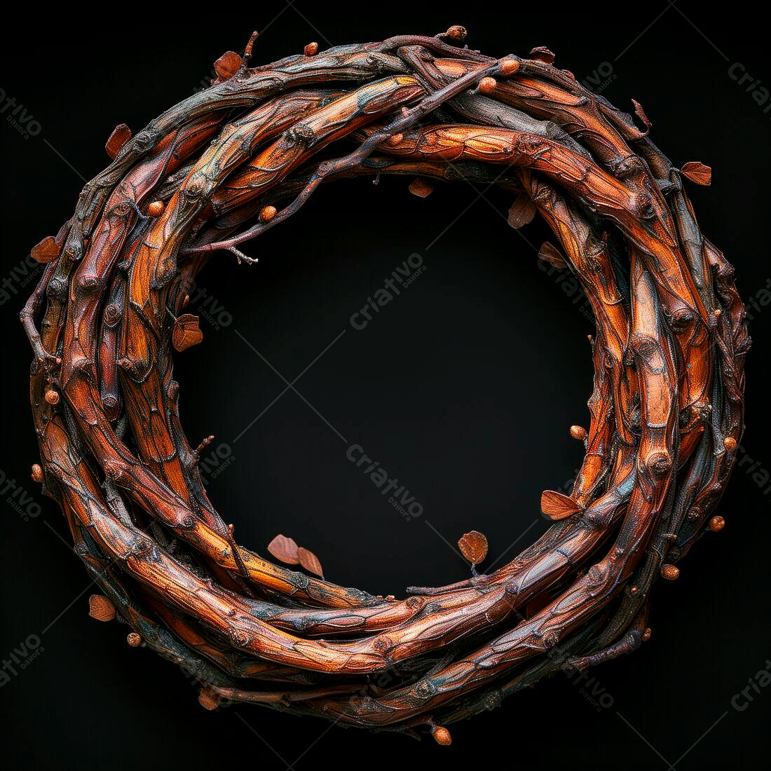 Coroa de galhos marrons escuros sobre fundo preto