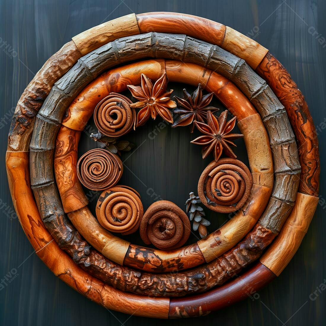 Coroa artesanal de madeira e especiarias