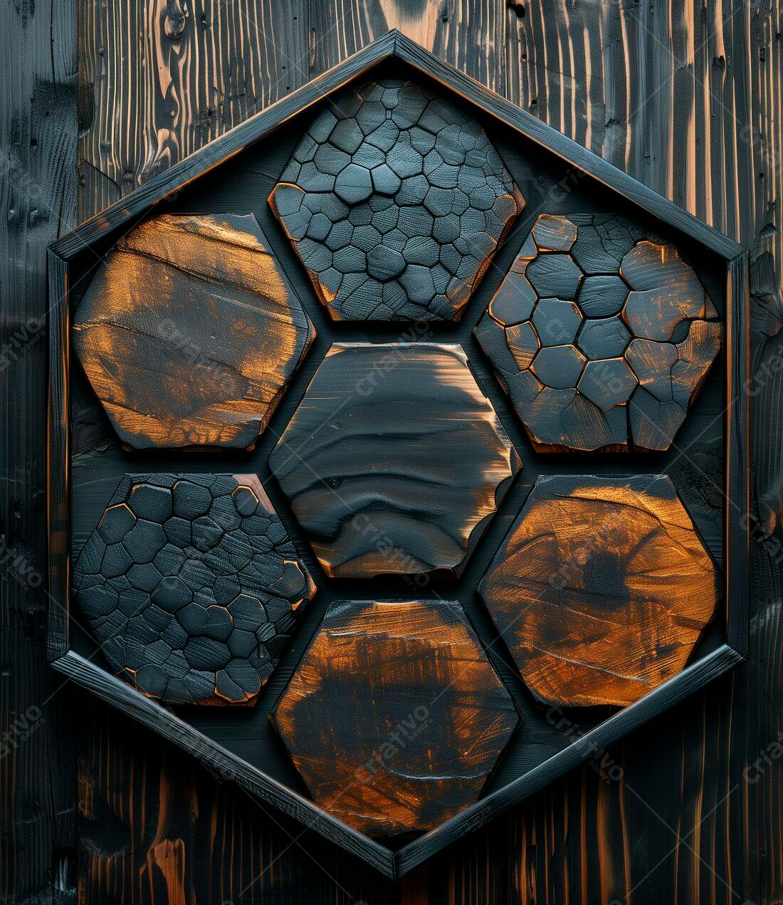 Hexágonos de madeira queimada em moldura