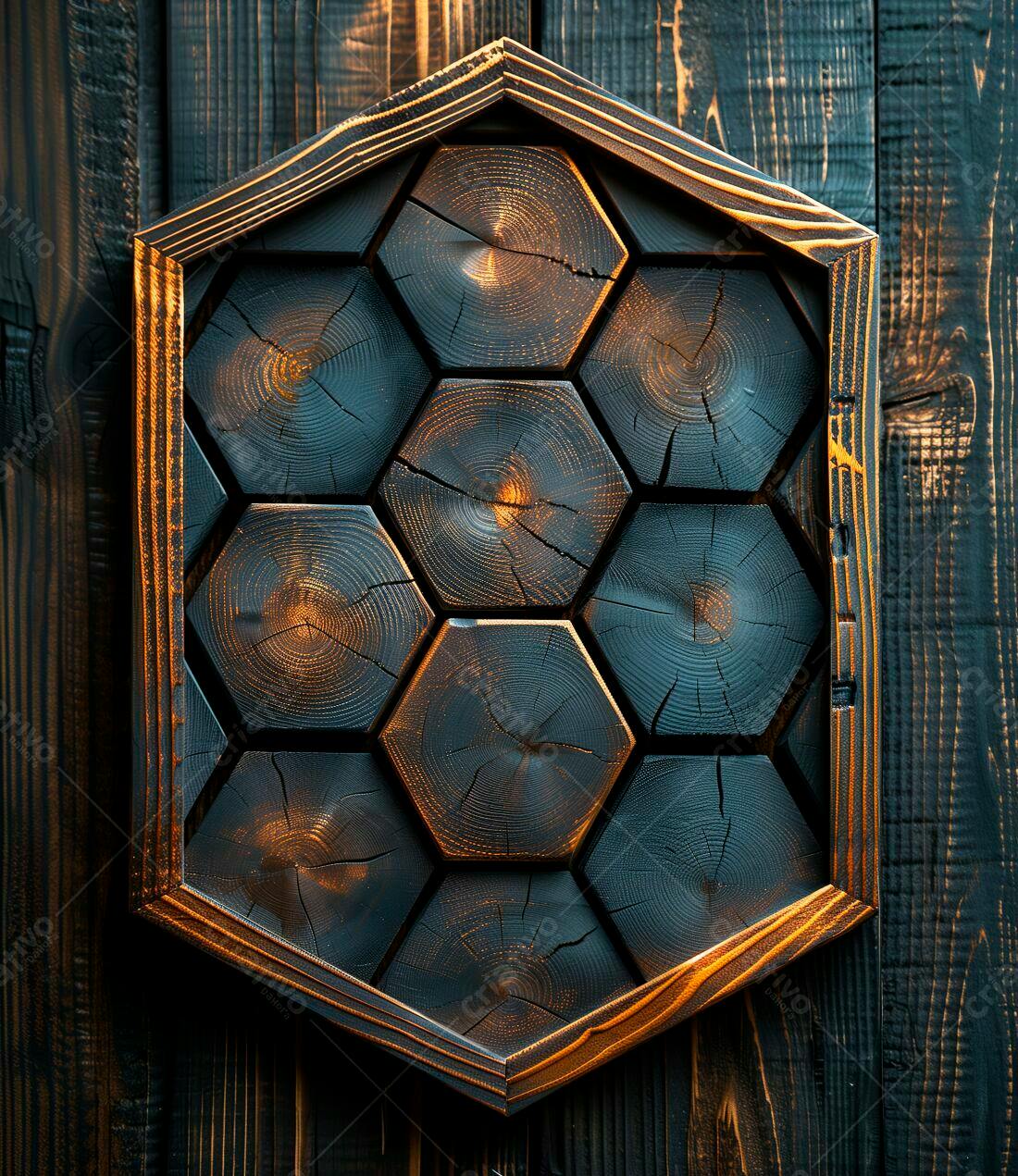 Painel hexagonal de madeira queimada