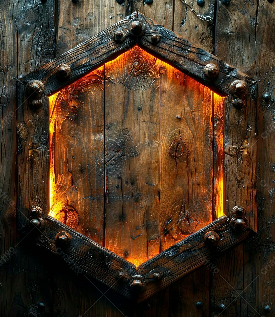 Porta de madeira escura com detalhe iluminado