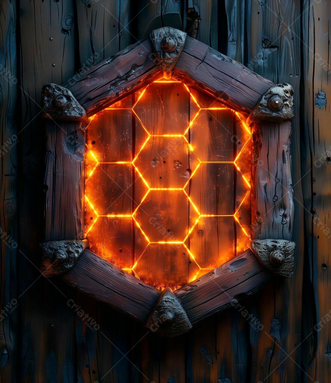 Painel de madeira com luz laranja hexagonal