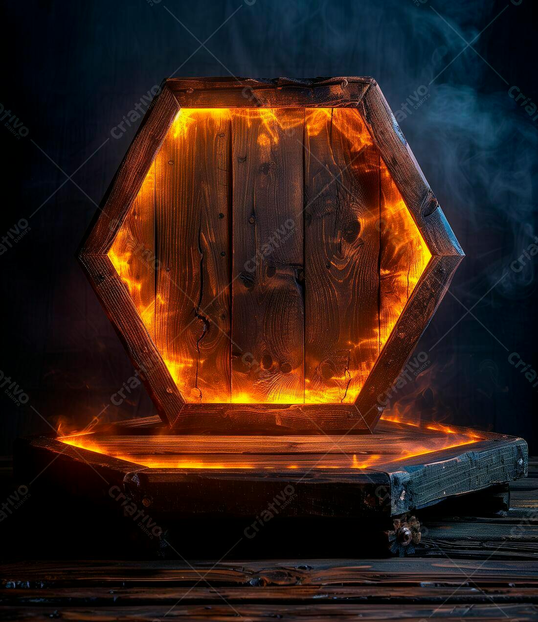 Hexágono de madeira com iluminação laranja
