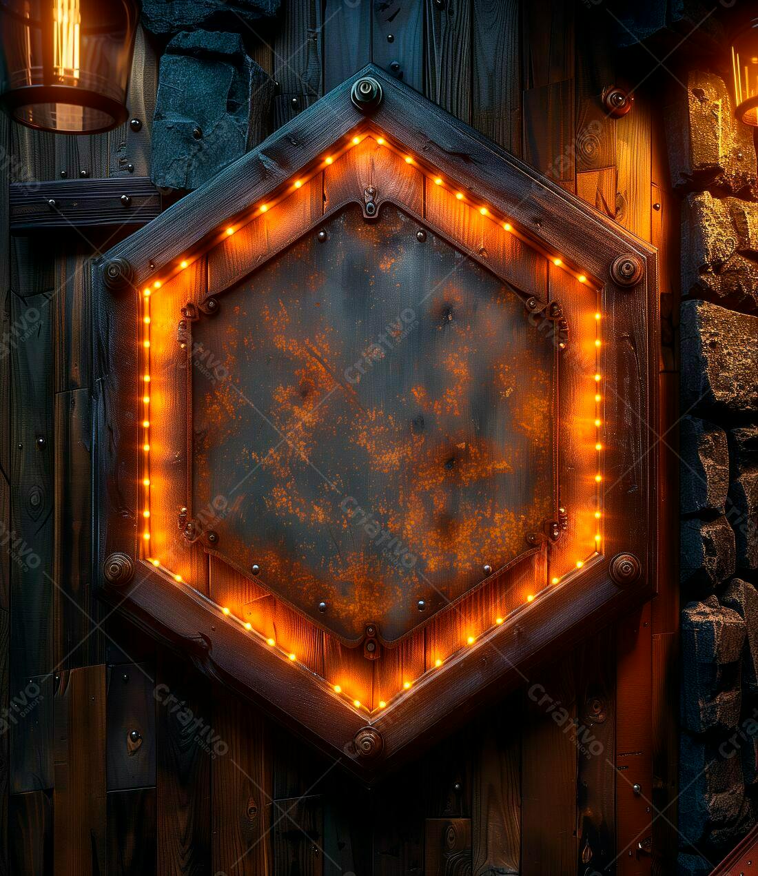 Placa de Metal com Luzes em Moldura de Madeira