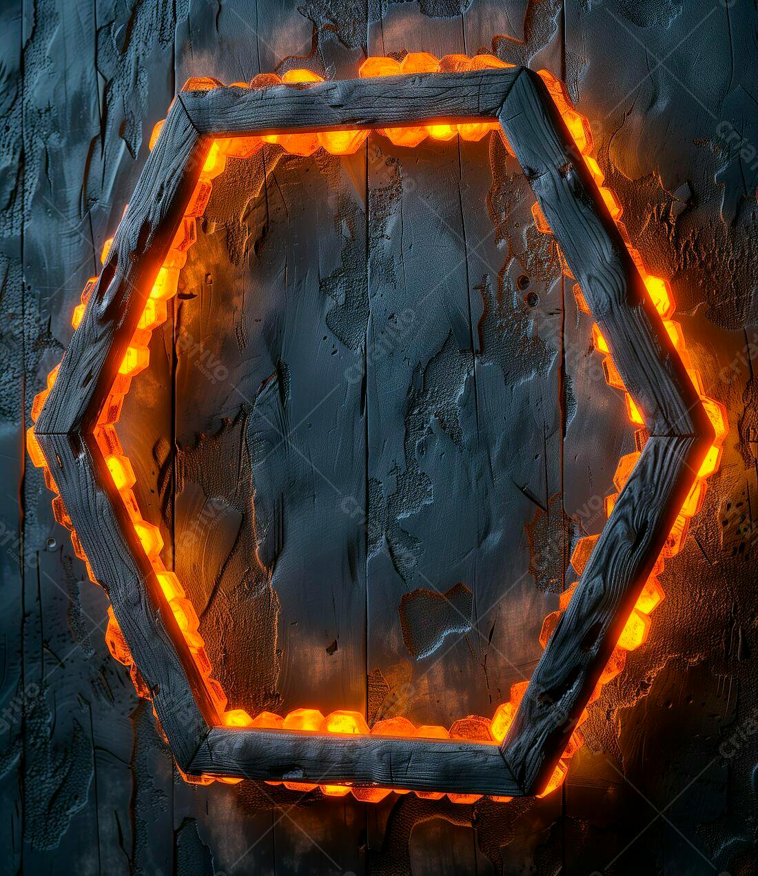 Hexágono de madeira com luzes laranja