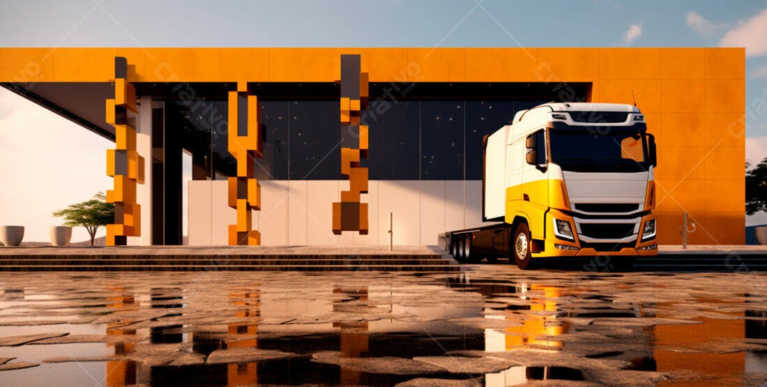 Caminhão moderno em prédio amarelo ao entardecer
