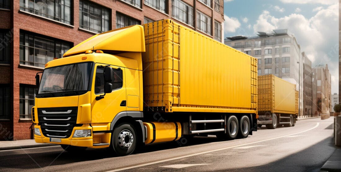 Caminhão amarelo transportando contêineres na cidade