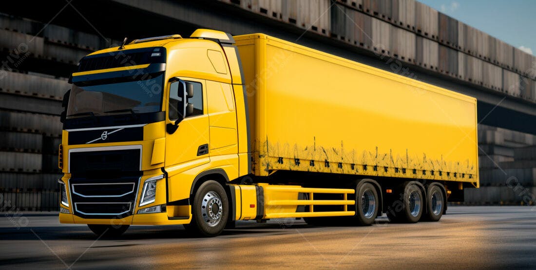 Caminhão Volvo amarelo em pátio de carga