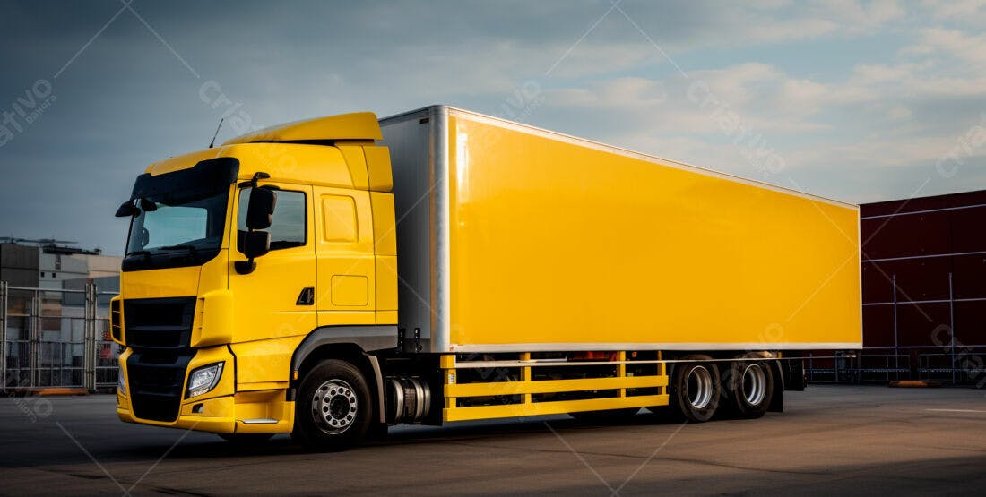 Caminhão amarelo em estacionamento logístico