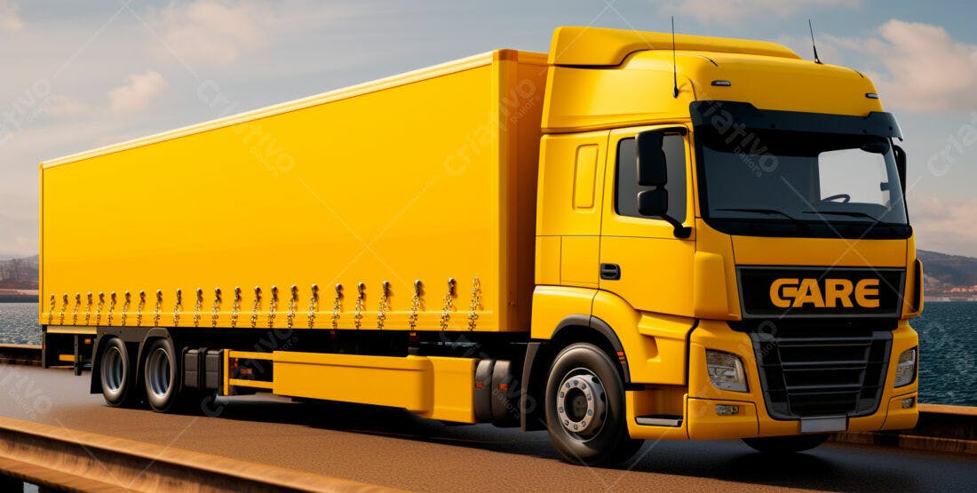 Caminhão amarelo transportando carga em estrada litorânea