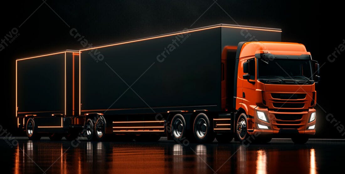 Caminhão moderno laranja e preto com iluminação LED
