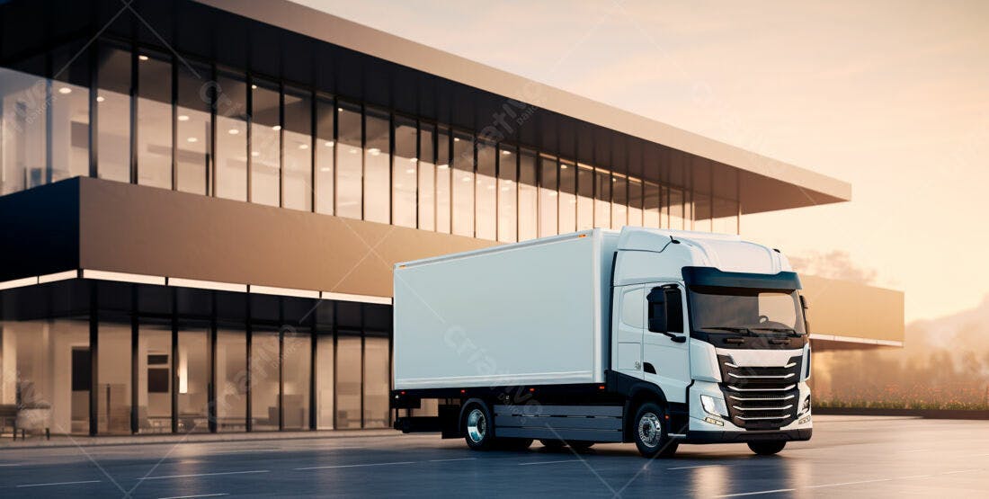 Caminhão branco estacionado em prédio moderno