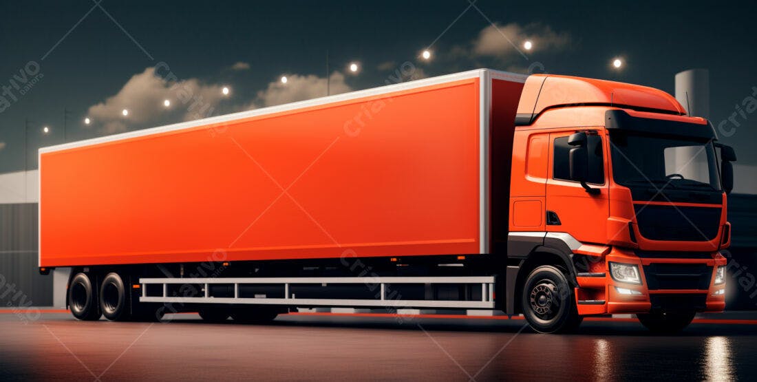 Caminhão vermelho em estacionamento noturno