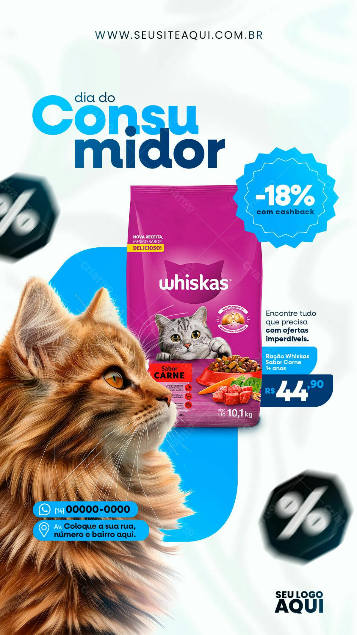 Flyer Dia do Consumidor com Gato e Ração Whiskas PSD Editável
