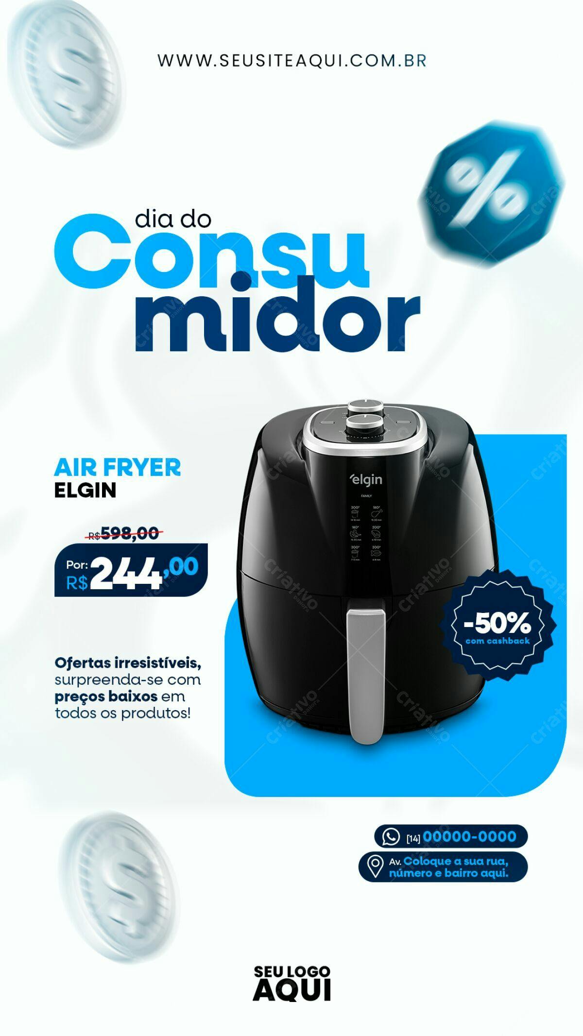 Flyer Dia do Consumidor com Air Fryer Elgin PSD Editável
