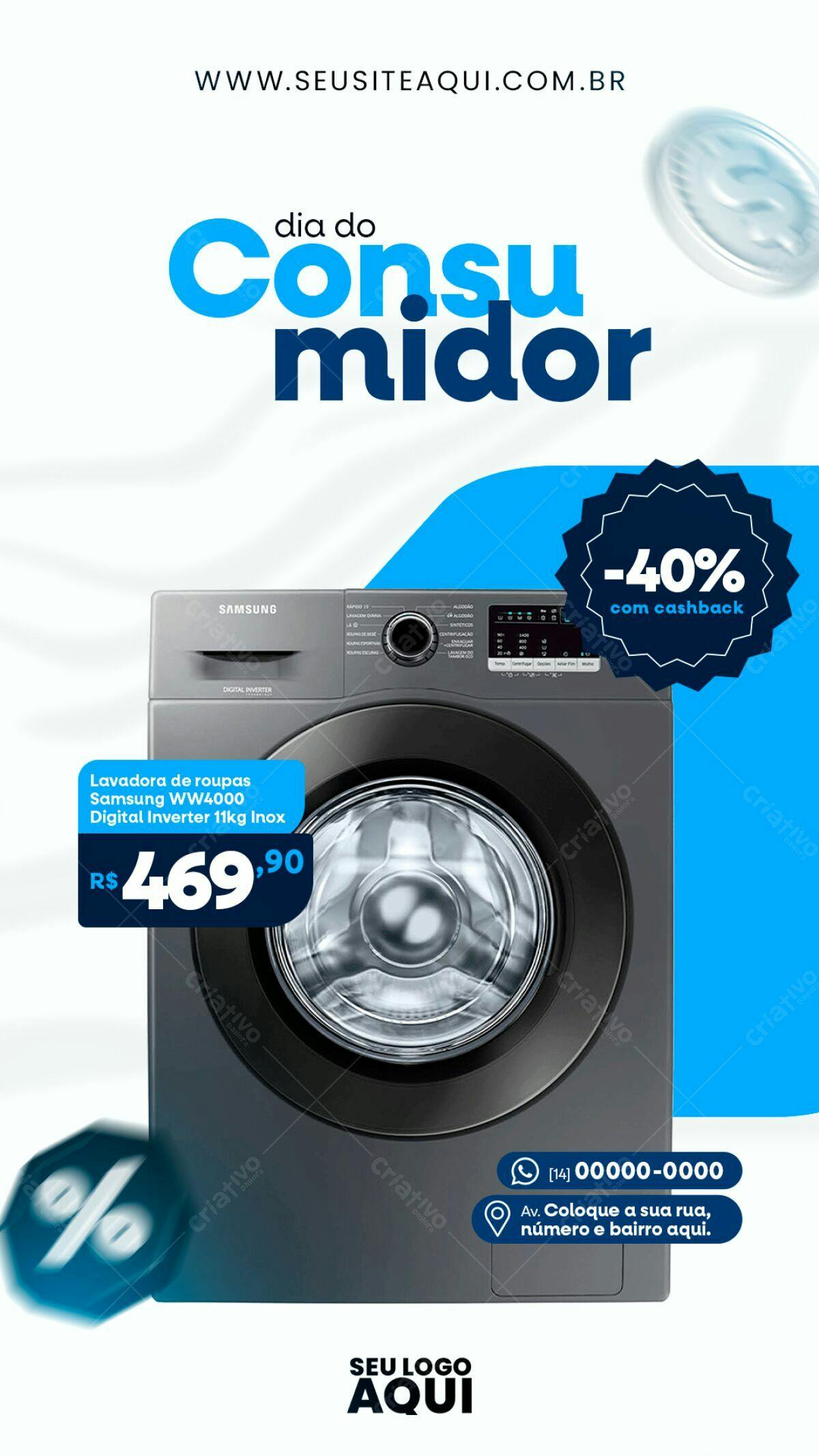 Flyer Dia do Consumidor com Lavadora Samsung PSD Editável